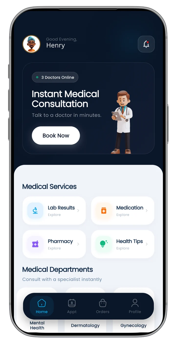Home dashboard with medical services and departments